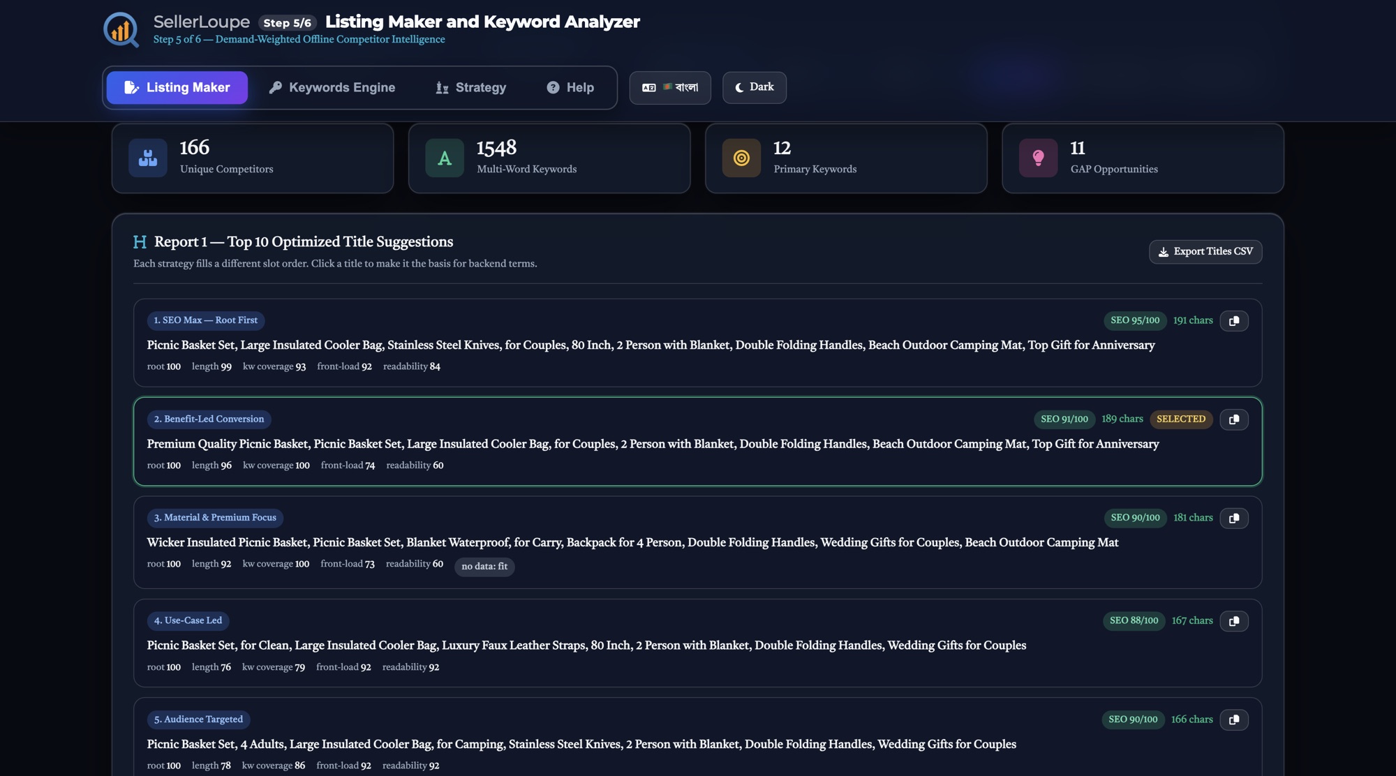 The Listing Maker showing 166 unique competitors and 1548 multi-word keywords, above ten scored title suggestions with SEO scores and character counts.